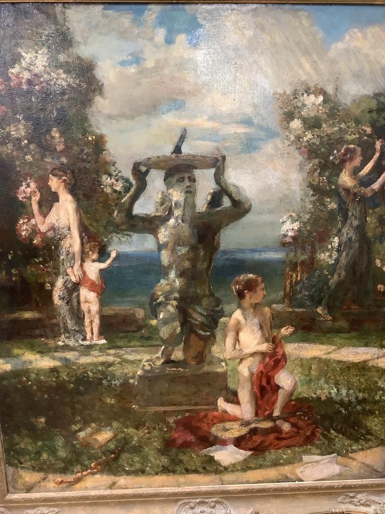 English School c.1900, oil on canvas, Classical maidens and youths in a garden,